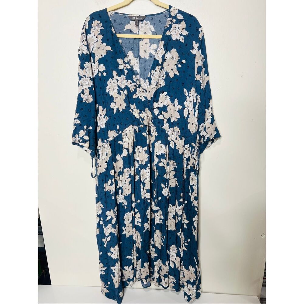 Ulla Popken Blue Tan White Black Floral Dress Size 24/26